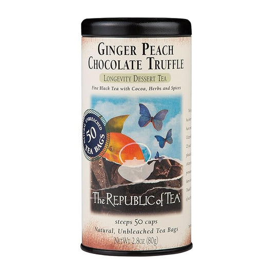 The Republic of Tea Ginger Peach Chocolate Truffle Black Tea Bags, 50 Tea Bag Tin