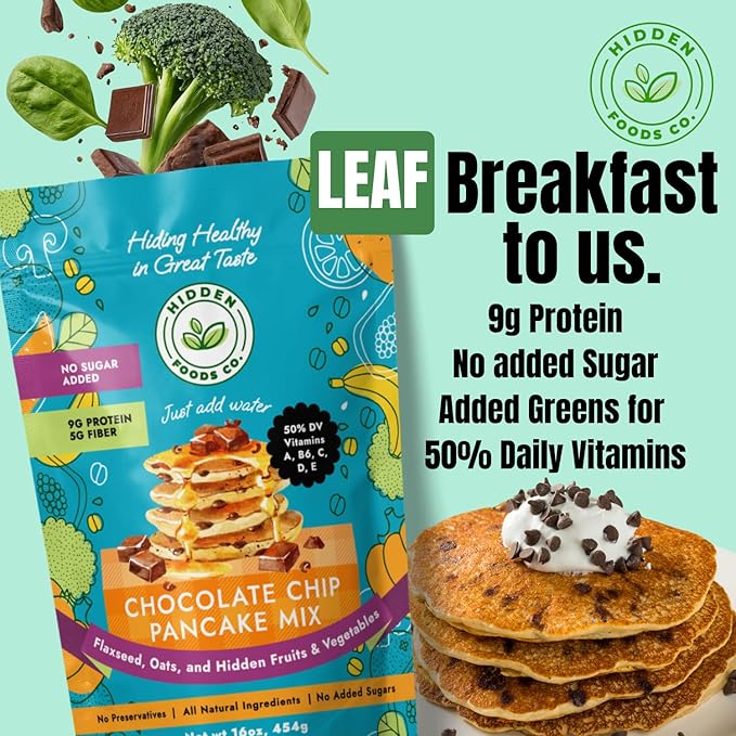 Hidden Foods Chocolate Pancake Mix with Monk Fruit ??Chocolate Chip Pancakes Perfect Breakfast - Fiber and Protein Choco Pancake Mix with Wheat & Oat Flour Blend of Vegetables - Waffle Mix 2 Pack