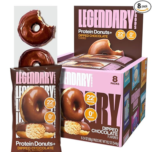 Legendary Foods 22gr Protein Donuts - Dipped Chocolate 8x (2 Donuts per Pack), High Protein, Zero Sugar, Gluten Free, Low Carb, Keto Friendly Snack, Healthy Donut for GLP-1, Diabetic, Bariatric Diets