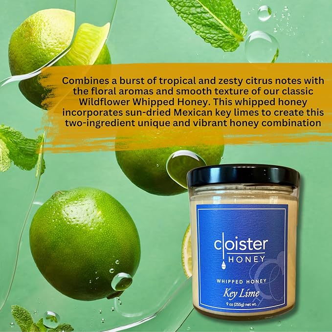 Cloister Honey Whipped Honey - Key Lime (9 oz) | Hand Crafted | Raw Artisan Honey | 100% Pure, Raw & Unfiltered | All Natural | Made in USA |