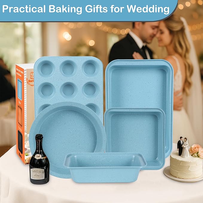 6-Pieces Baking Pans Set Nonstick, Bakeware Sets Stackable, Carbon Steel Oven Baking Set Easy to Use, Unique Blue Baking Sheet Set for Kitchen
