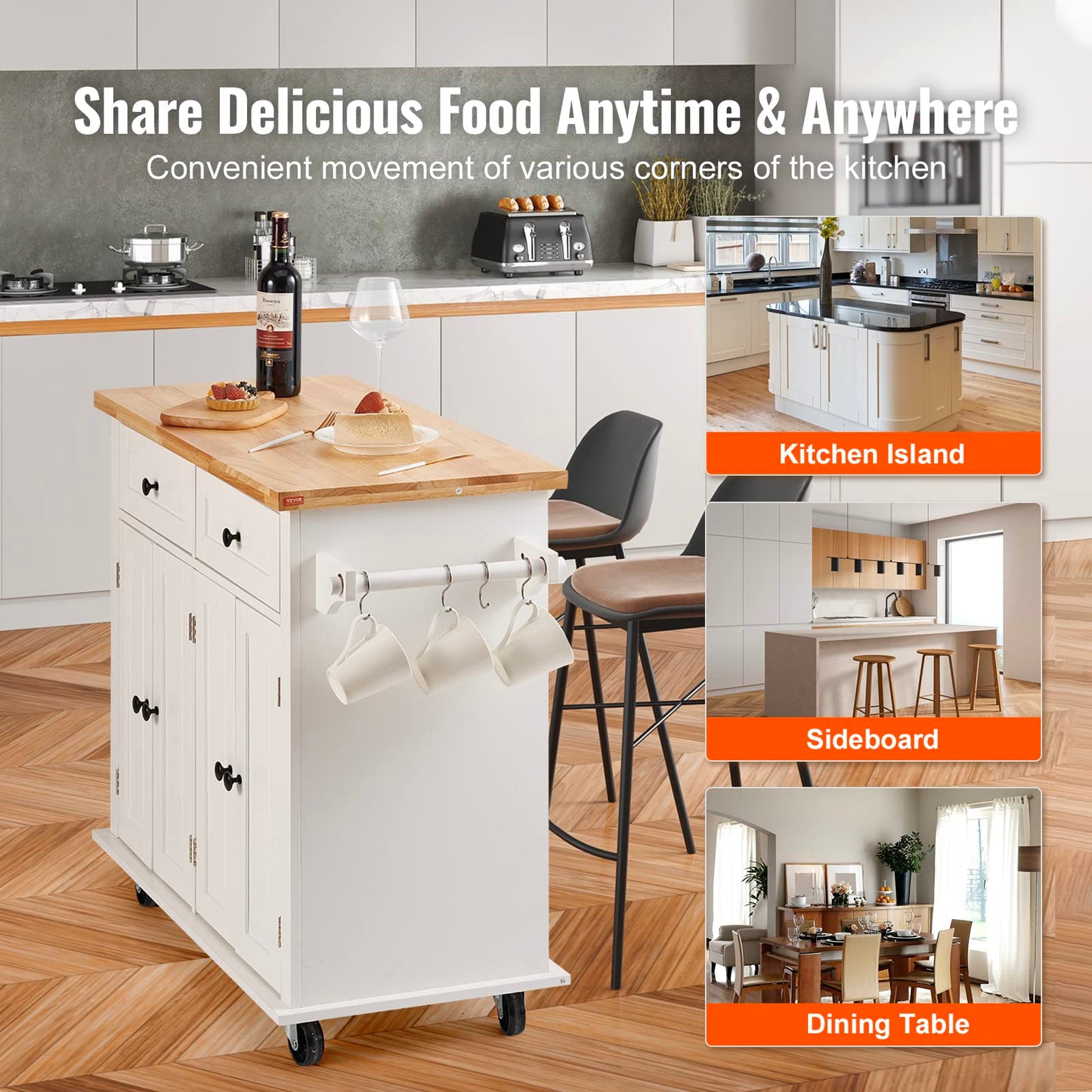 VEVOR Kitchen Island Cart with Solid Wood Top, 35.4" Width Mobile Carts with Storage Cabinet