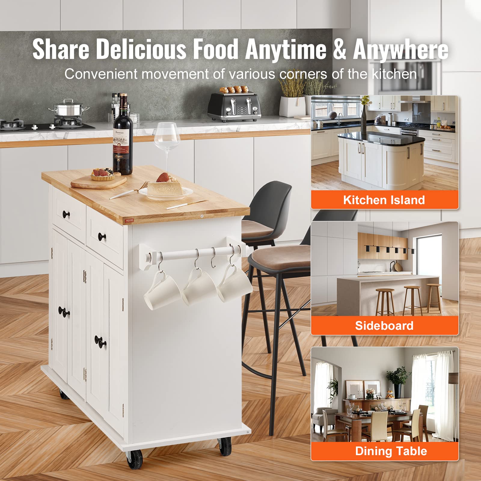VEVOR Kitchen Island Cart with Solid Wood Top, 35.4" Width Mobile Carts with Storage Cabinet