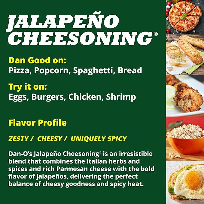 Dan-O's Jalapeño Cheesoning Seasoning, 2.6 oz Bottle, 2 Pack, Cheesy Seasoning for Pizza, Popcorn, Chicken, Bread and More, Sugar Free, Zero Calorie, Parmesan Cheese Replacement for your Favorite Food