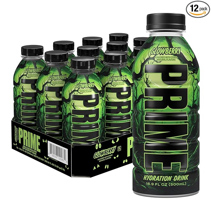 PRIME Hydration GLOWBERRY, Sports Drinks, Electrolyte Enhanced for Ultimate Hydration, 250mg BCAAs, B Vitamins, Antioxidants, Low Sugar, 16.9 Fl Oz, 12 Pack