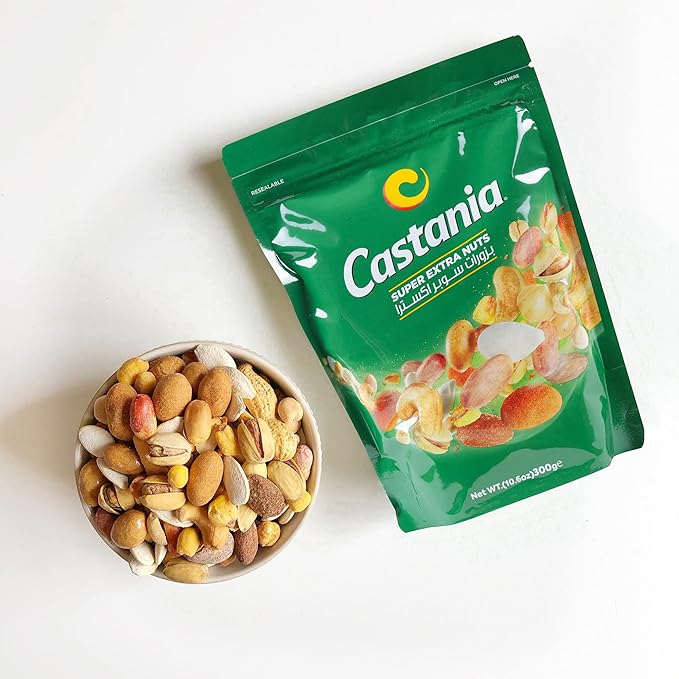 Castania BBQ Lebanese Mixed Nuts, Super Extra Mix with Pistachios, Almonds, Cashews, Hazelnuts, Peanuts, Pumpkin Seeds, Corn, and Chickpeas, 10.6oz (Pack of 4)