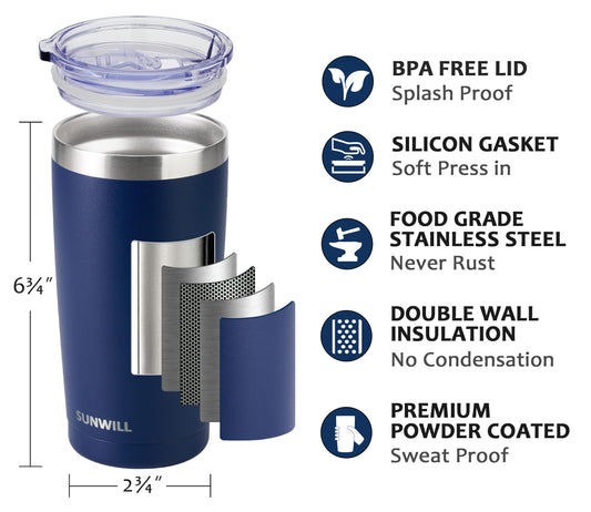 SUNWILL Travel Coffee Tumbler 20 oz, Insulated Mug with Lid, Stainless Steel Cup for Outdoor