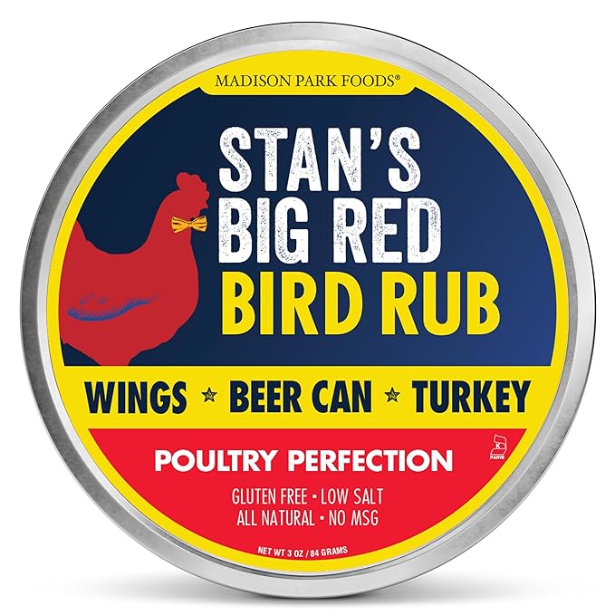 Stan?™s Big Red Bird Rub ??Poultry Seasoning for BBQ Chicken and Fried Turkey ??Perfect Beer Can, Spatchcock, Wings ??All Natural, Gluten-Free, Low Salt, No MSG ??3oz Fresh-Sealed Pouch in Reusable Tin
