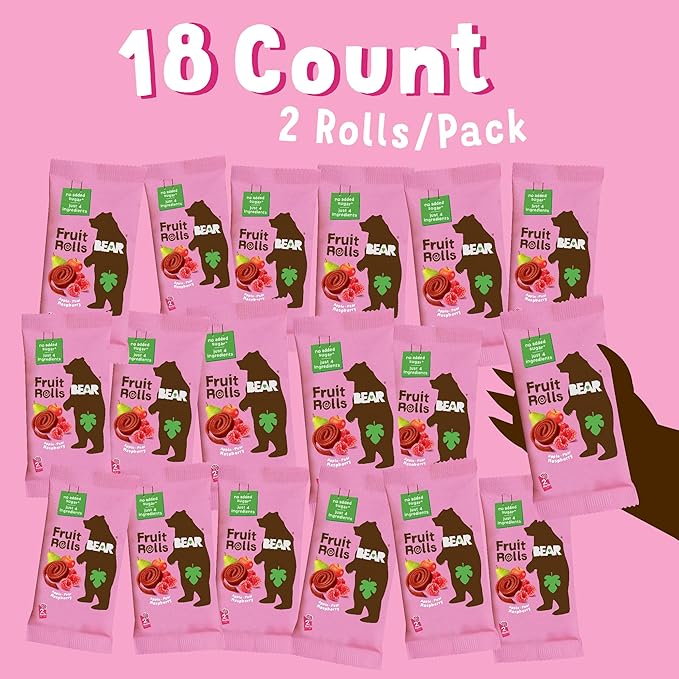 BEAR Real Fruit Snack Rolls - Gluten Free, Vegan, and Non-GMO - Raspberry ??36 Rolls, Healthy School And Lunch Snacks For Kids And Adults, 0.7 Ounce (Pack of 18)