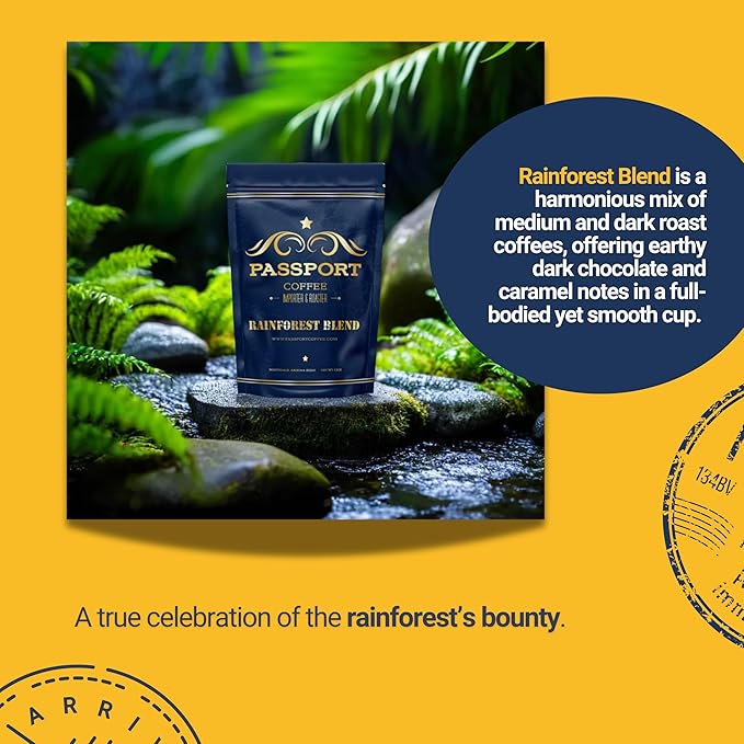 Passport Coffee Rainforest Blend ??Medium & Dark roast blend from Sumatra, Guatemala & Ethiopia. Flavor notes of dark chocolate, and caramel. Premium whole bean coffee,12oz Bag