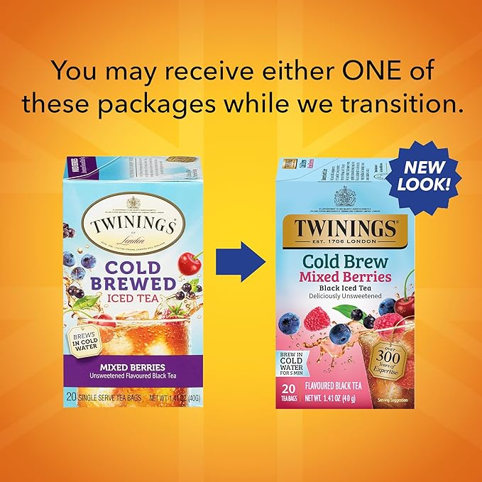 Twinings Mixed Berries Cold Brew Iced Tea Bags, 20 Count (Pack of 1), Unsweetened Flavoured Black Tea, Caffeinated, 20 Teabags