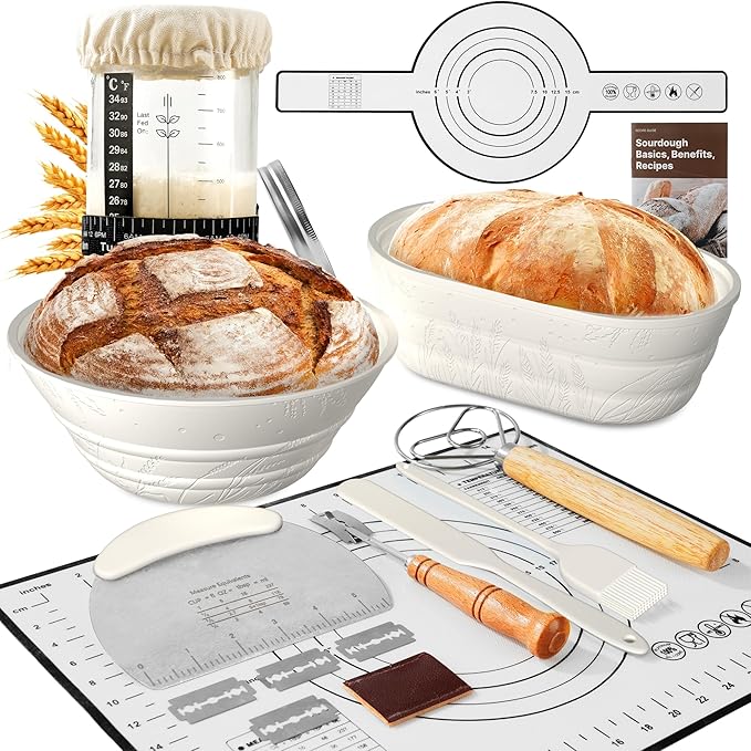 Sourdough Starter Kit with Jar ??Complete Sourdough Bread Baking Supplies for Beginners, Includes 2 Silicone Proofing Baskets Baking Mat Sour Dough Kit - White