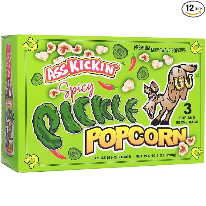 ASS KICKIN' Spicy Pickle Microwave Popcorn Bags - 12 Pack - Ultimate Spicy Pickle Gourmet Popcorn Gift - Makes a Great Movie Theater Popcorn or Snack Food for Movie Night (12)