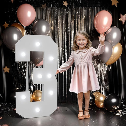 Imprsv Marquee Numbers Large 3rd-Birthday Decorations: 3ft Light Up Number Balloon for Party Big 3 Year Old Girl Boy Third Birthday Decoration Anniversary Foam Board Wall