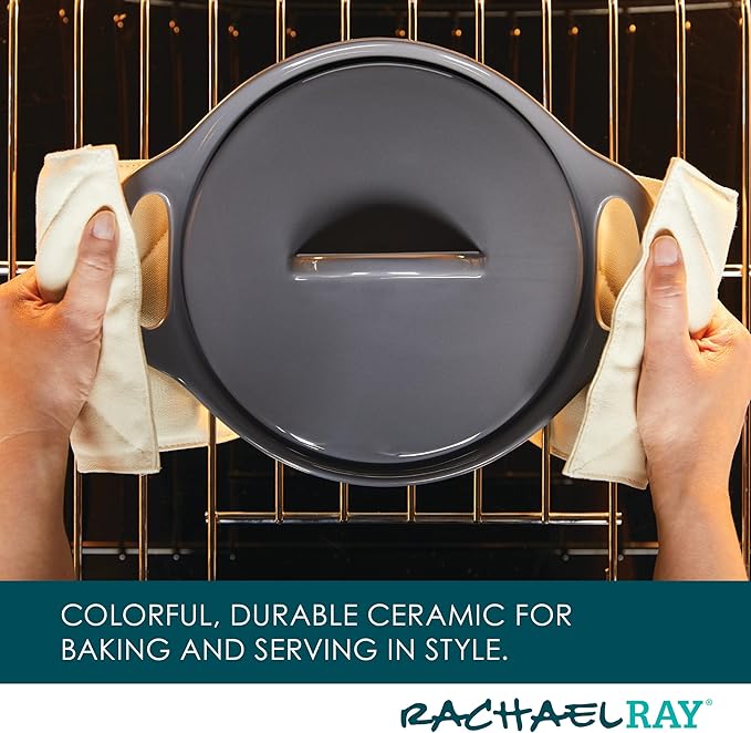 Rachael Ray Solid Glazed Ceramics Casserole Bakeware/Baker Set with Shared Lid, 3 Piece, Dark Gray