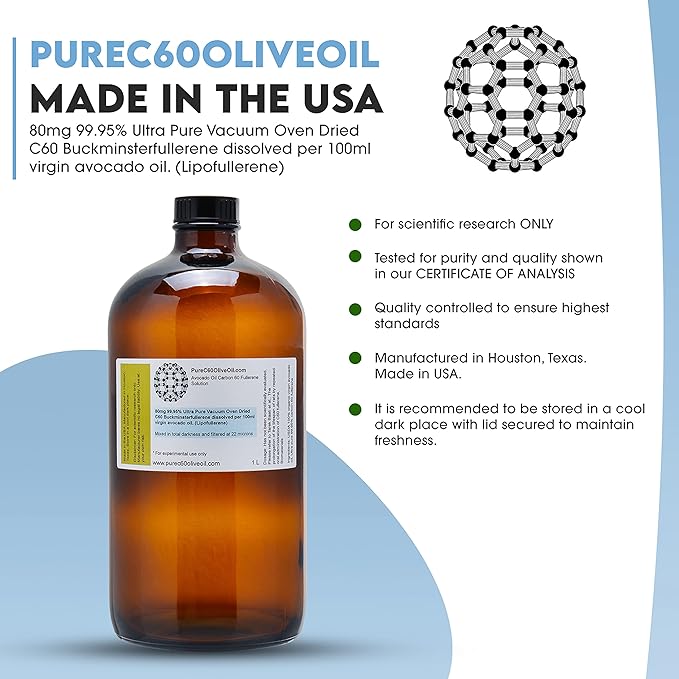 PureC60OliveOil C60 Organic Avocado Oil 1L / 33.8 Fl Oz - 99.95% Carbon 60 Solvent Free 800mg - Amber Glass Bottle - Food Grade - Carbon 60 Avocado Oil - from The Leading Global Producer