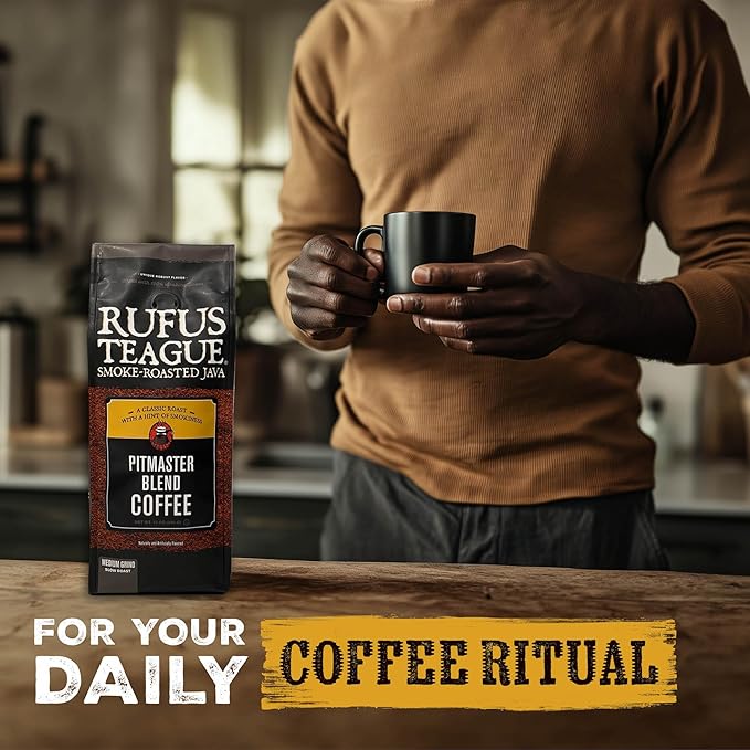 Rufus Teague Pitmaster Blend Ground Coffee, Gourmet Fresh Dark Roasted Coffee, Smoke Roasted Java, Medium Grind, 12 oz Bag, 2-Pack