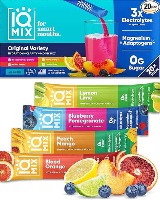 IQMIX Hydration Electrolyte Powder ??4-in-1 Formula for Hydration, Mental Clarity, Mood and Recovery ??Sugar-Free Drink Mix, Keto, Magnesium L-Threonate, Lion?™s Mane ??20 Count Variety Pack