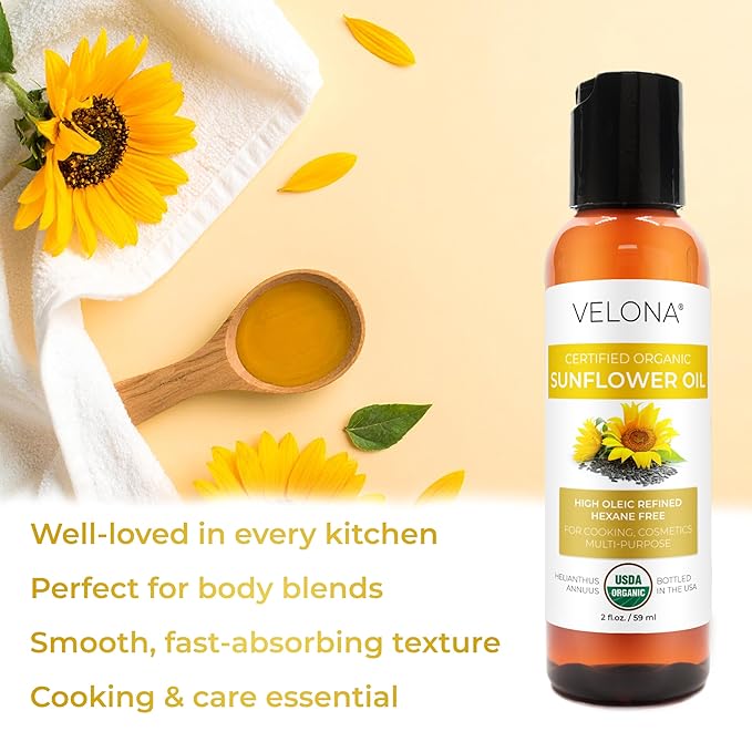 velona USDA Certified Organic Sunflower Oil - 2 Fl Oz | 100% Pure and Natural Carrier Oil | High Oleic, Refined| Cooking, Skin, Hair, Body & Face Moisturizing