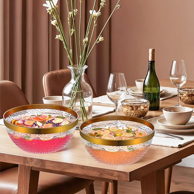 NiHome Gold Trim Clear Plastic Punch Bowl with Ladle and Tong for Parties, Weddings, BBQs, 1.4 Gallon Beverage Serving Bowl Complete Set for Cocktails, Salads, Snacks, Easy to Clean (Set of 2)