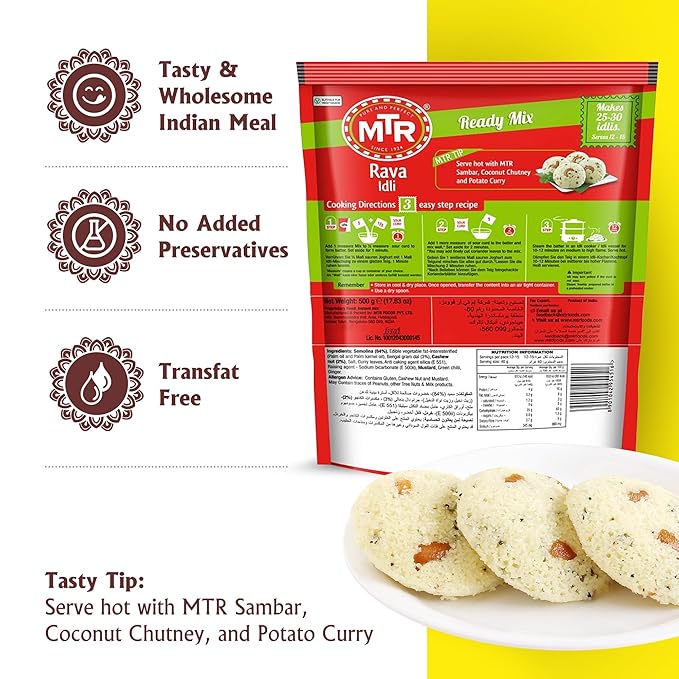 MTR Instant Rava Idli Mix - Ready to Cook Authentic Indian Breakfast, Lunch, Dinner or Snack Meal - No Added Preservatives - A Quick & Easy Recipe Suitable for Vegetarians - (500g, Pack of 2)