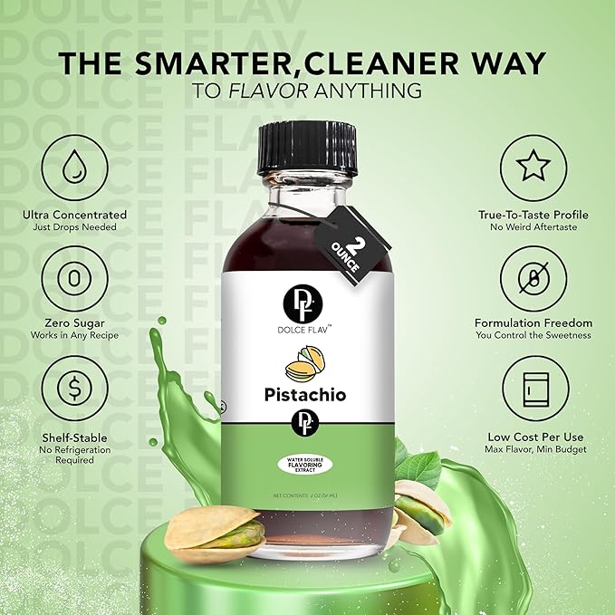 Dolce Flav Pistachio Extract ??2 Ounce Water-Soluble Kosher, Sugar-Free, Concentrated Nutty Pistachio Flavor for Baking, Ice Cream & Pastries, Includes Measured Dropper