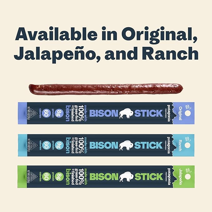 Patagonia Provisions Bison Sticks - Jalapeno | 100% Grass-Fed, 8g of Protein, 60 Calories | No Artificial Ingredients, Added Flavors, Fillers, or Nitrates | Pack of 12, 1 oz Each