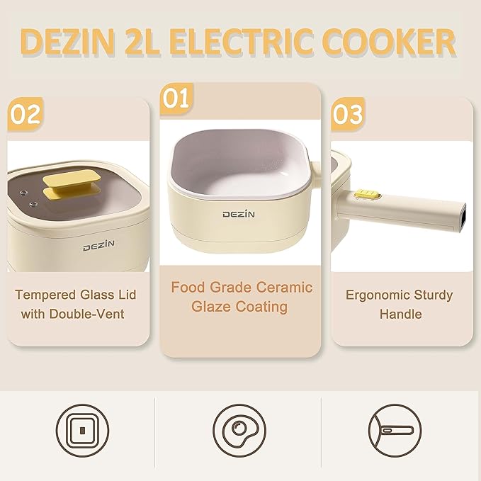 Dezin Hot Pot Electric, 2L Non-Stick Ceramic Coating Multifunction Cooker for Ramen & Oatmeal, Portable Hot Pot with Power Control for Dorm, Office, Travel (Silicone Spatula Included)