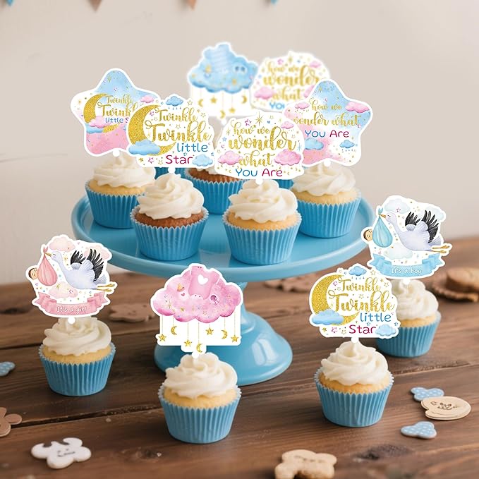 24Pcs Star Baby Shower Cupcake Toppers, Twinkle Twinkle Little Star Cupcake Decorations, Moon Cloud Party Supplies, Gender Reveal Decor