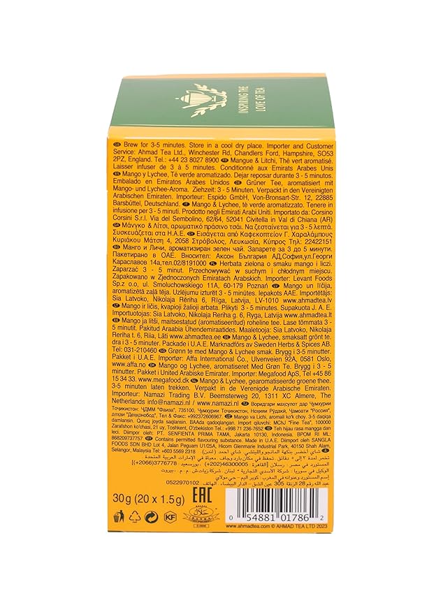 Ahmad Tea Mango & Lychee Flavored Green Tea with Fruit Pieces, 20 Count, Pack of 6