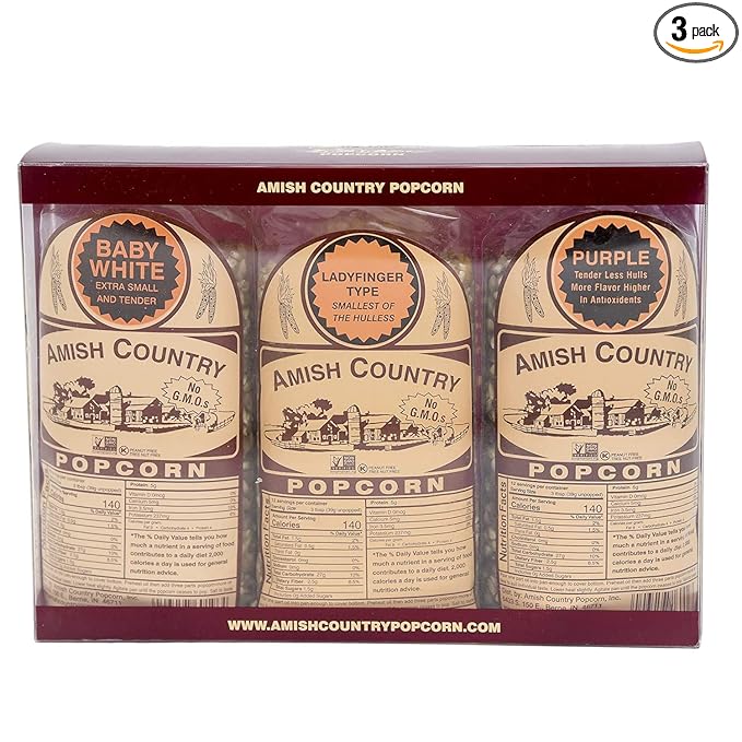 Amish Country Popcorn | Variety Bundles - 3 (1 Lb Bags - Baby White, Ladyfinger, Purple Kernels) | Old Fashioned, Non-GMO and Gluten Free