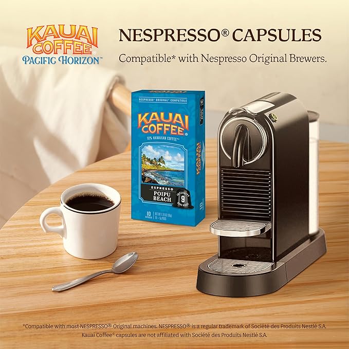 Kauai Coffee Espresso Pods Compatible with Nespresso Original Coffee Makers – Arabica Coffee, 10% Hawaiian – Dark Roast, Rich Cocoa & Smoky Finish – Poipu Beach, 1 Pack of 10 Espresso Pods