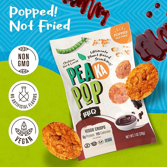 PeaKaPop Veggie Chips ??Plant-Based, Healthy Veggie Crisps with Pea, Lentil & Chickpea Protein ??Vegan, Gluten-Free, Popped Chips ??Snack Size for Kids & Adults ??1 oz Bags (15-Pack) ??BBQ
