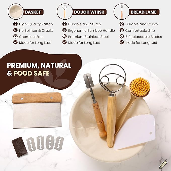 BAKERIA 9" Banneton Proofing Basket Kit (Round) ??Sourdough Bread Making Set with Danish Whisk, Bread Lame + 5 Blades, 2 Scrapers, Brush, Linen Liner & Recipe Book ??No Starter Culture