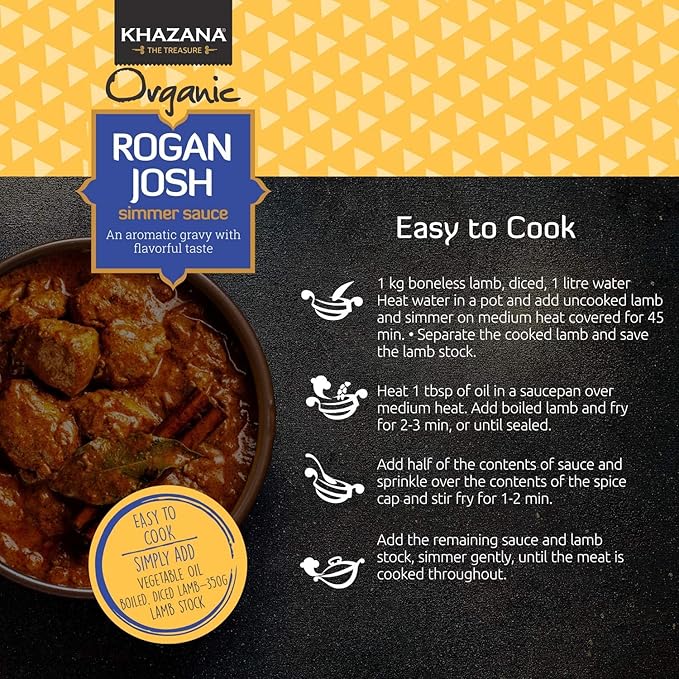 Khazana ORGANIC Rogan Josh Indian Simmer Sauce - 12.7oz Jars | Non-GMO, Vegan, Gluten Free, Kosher | Authentic Indian Meals Made Easy at Home!