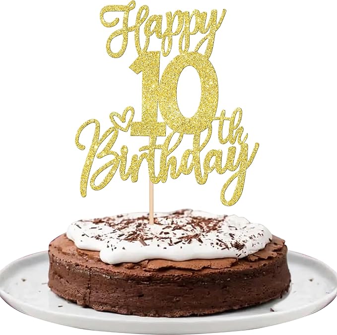 1 PCS Happy 10th Birthday Cake Topper Glitter Cheers to 10 Years Birthday Cake Pick Ten 10 Fabulous Cake Decoration for Happy 10th Birthday Anniversary Theme Party Decorations Supplies Gold