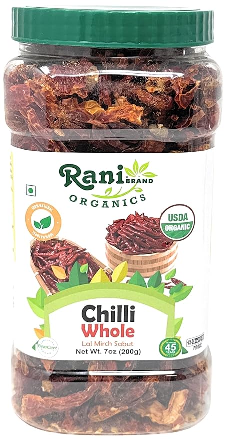 Rani Organic Chilli Whole (Lal Mirch Sabut) 7oz (200g) Bulk PET Jar ~ All Natural | Vegan | No Colors | Gluten Friendly | NON-GMO | Kosher | USDA Organic Certified