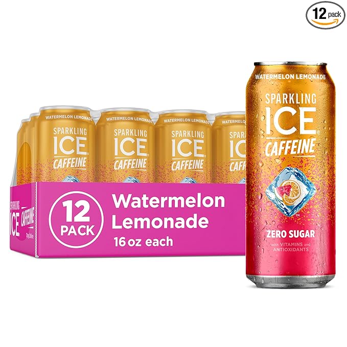Sparkling Ice Caffeine Watermelon Lemonade Sparkling Water with Caffeine, Zero Sugar, with Antioxidants and Vitamins,16 fl oz Cans (Pack Of 12)