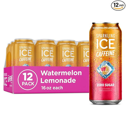 Sparkling Ice Caffeine Watermelon Lemonade Sparkling Water with Caffeine, Zero Sugar, with Antioxidants and Vitamins,16 fl oz Cans (Pack Of 12)