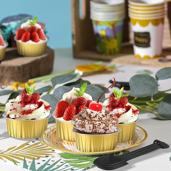 200Pack 5oz Gold Mini Cake Pans with Lids and Spoons Baking Cups Aluminum Foil Tins, Individual Round Dessert Cups Containers for Sales,Party,Picnics
