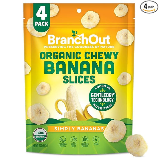 BranchOut Chewy Banana Slices, No Sugar Added, GentleDry Locks in Nutrition, Better than Freeze Dried Banana Chips, Healthy Vegan Fruit Snacks for Kids & Adults, 2 oz Snack Size (Pack of 4)