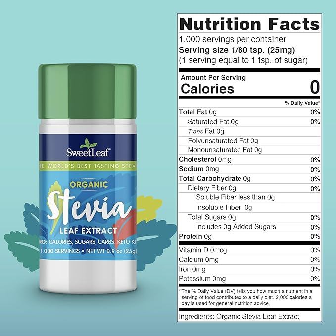 SweetLeaf Organic Pure Stevia Powder Shaker Jar - Zero Calorie Sweetener with Pure Stevia Leaf Extract, 1000 Servings per Container, No Additives, Sugar Free, Keto Friendly - 0.9 Oz (Pack of 1)