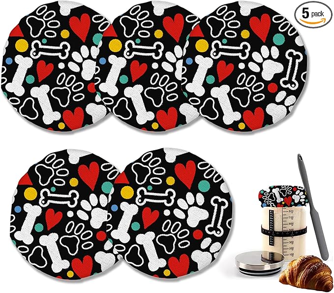 Sourdough Starter Jar Cloth Covers, Dog Paw Heart Gifts for Women Baker 5 Pack Kit Stretchy Cloth Bowl Lids Fits Jar Mouth Ranging 3"- 4" Inches