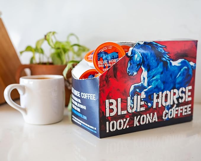 Blue Horse 100% Kona Coffee Pods, Medium Roast, 20ct Single Serve, Compatible with K Cups 2.0, Farm Fresh, Authentic Arabica Beans from Hawaii’s Big Island for a Smooth, Rich Flavor