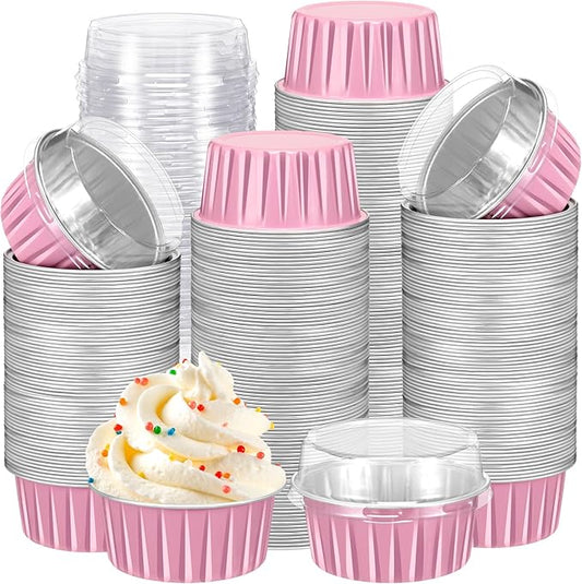 Gejoy 400 Pcs Aluminum Foil Baking Cups with Lids 5 oz Disposable Ramekins Mini Cake Pans Creme Brulee Cupcake Liners Muffin Tins Flan Mold Dessert Container for Wedding(Pink,Classic)