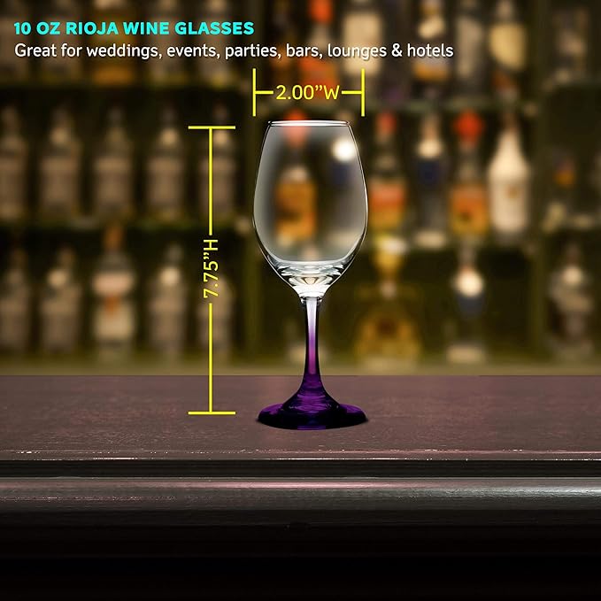 DISCOUNT PROMOS Rioja Wine Glasses with Stem 10 oz. Set of 10, Bulk Pack - Color Bottom, Perfect for Wedding, Party Favors, Birthday, Bridal Shower Gifts - Purple
