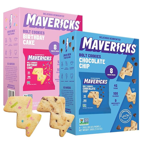 Mavericks Snacks Bolt Cookies Variety Pack ??Healthy Snacks for Kids & family ??Low Calorie Chocolate Chip & Birthday Cake Varieties; 2 Nutritious Snack Boxes - (16 Count Snack Packs Inside)