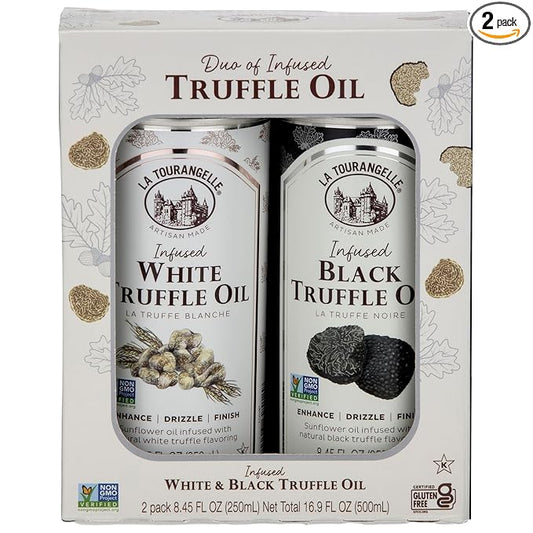 La Tourangelle, White Truffle Oil & Black Truffle Oil Set, Complex Gourmet Earthy Flavor for Drizzling over Pasta, Popcorn, Vegetables, Potatoes, Soup and More, Gift Box, 8.45 Fl Oz Each (Set of 2)
