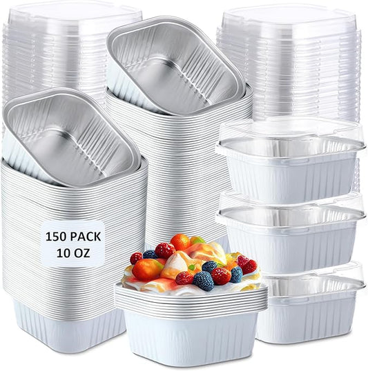 Aoriher 300 Pieces 10 oz Mini Cake Pans with Lids, Aluminum Foil Baking Cups, Square Disposable Cupcake Cups Baking Tins for Wedding Birthday Party Supplies(White, Silver)
