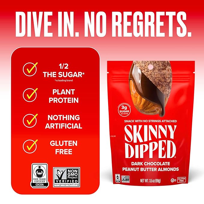 SkinnyDipped Dark Chocolate Peanut Butter Almonds, Healthy Snack, Plant Protein, Gluten Free, 3.5 oz Resealable Bags, (Pack of 5)